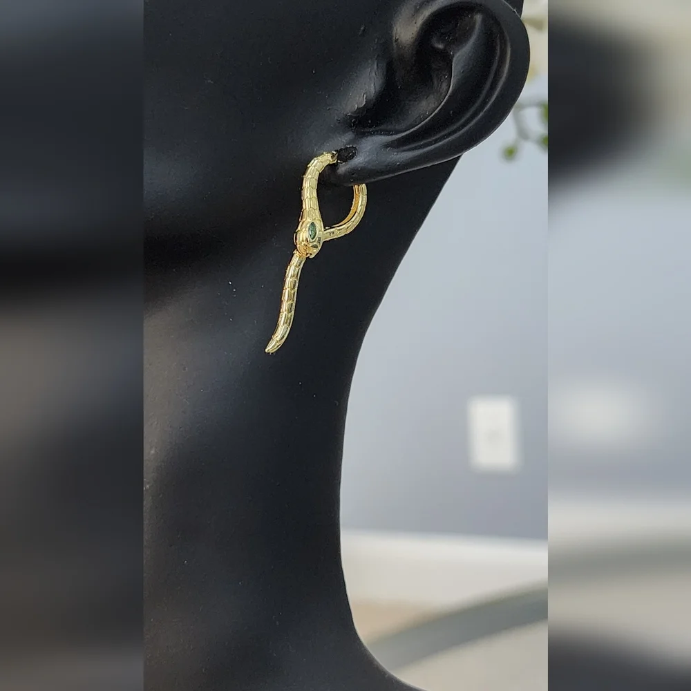Gold Snake Earrings with Green Accent - Picture 3 of 7
